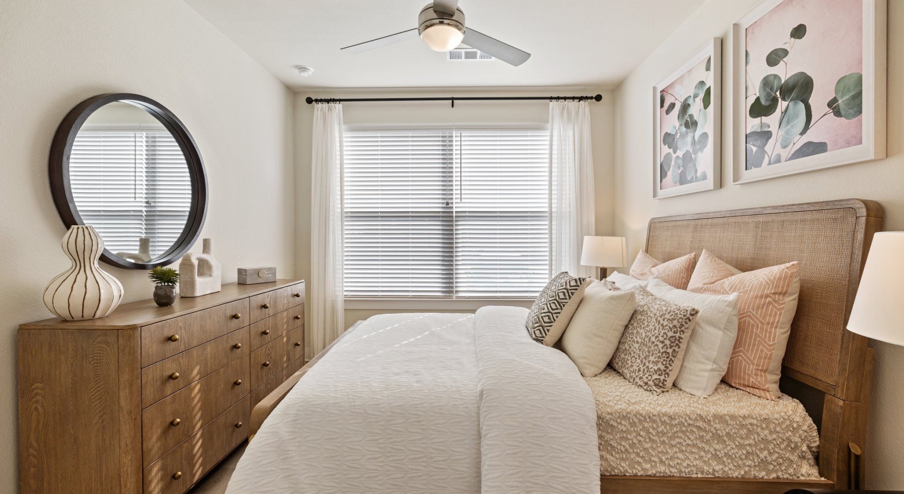 Bedroom with natural lighting and high ceilings