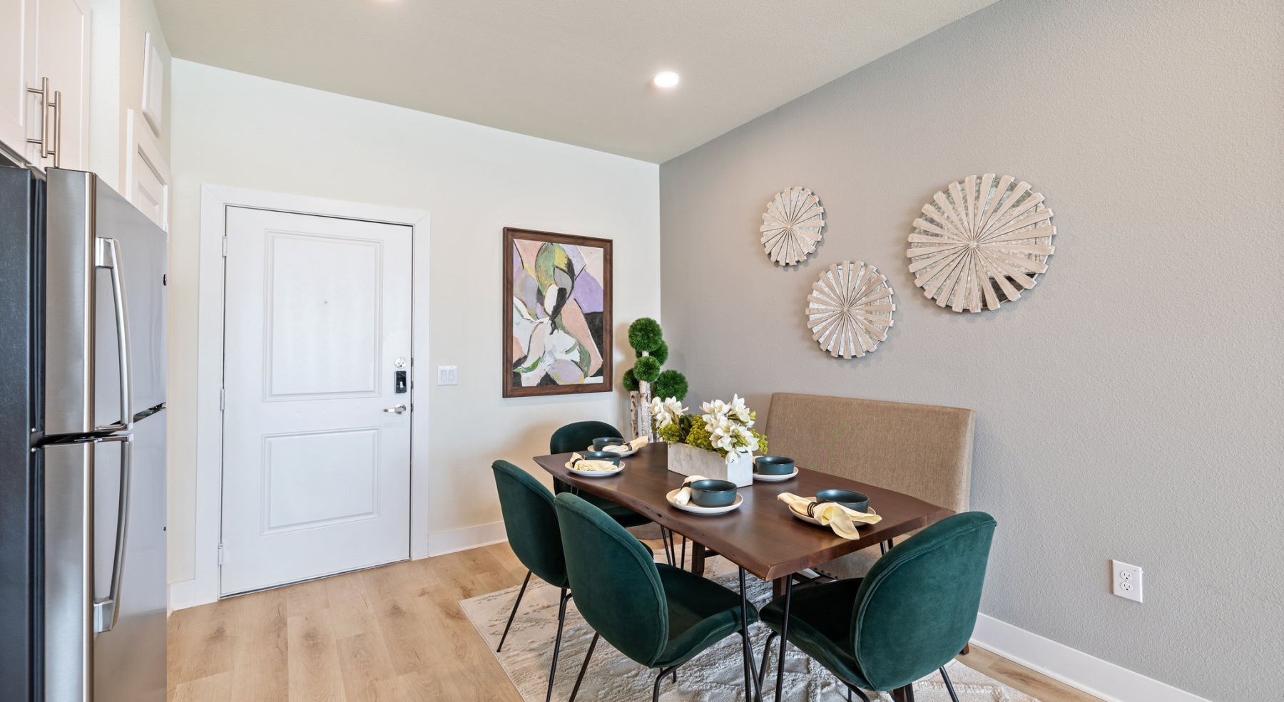 a dining nook with a table